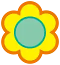 A yellow flower with a light blue center and orange outline.