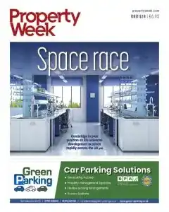Cover of Property Week magazine showing a room with headline SPACE RACE, the bottom is an advertisement for Green Parking Car Parking Solutions
