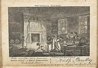 People looking around a dark and dirty dining room. The caption reads: "Public view of the once elegant dining room in the Dirty Warehouse, Leadenhall Street"