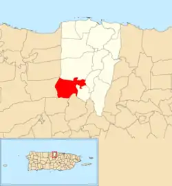 Location of Pugnado Adentro within the municipality of Vega Baja shown in red