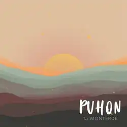 A simple painting of a sunset, with the words "Puhon" and "TJ Monterde" in the lower-right corner
