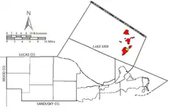 Location of Put-in-Bay Township (red) in Ottawa County, next to the village of Put-in-Bay (yellow)