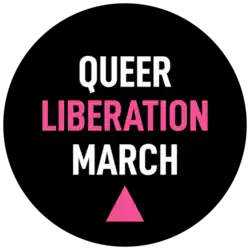 Black circular logo with the words "Queer Liberation March" above a pink triangle