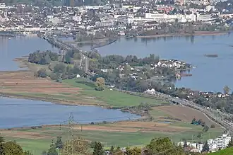 The Hurden peninsular with canal crossing it; Seedamm in background.