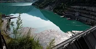 A dammed body of water looked from above.