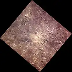 Exaggerated color view of the crater with bright ray system northeast of Asawa