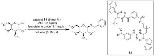 Reaction scheme for thiourea catalyzed glycosylation of galactose
