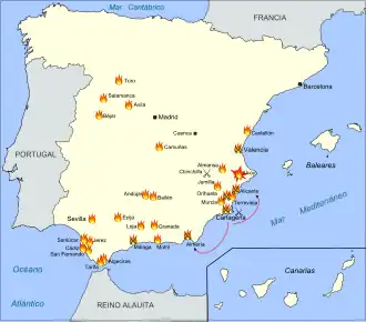 Map of Spain showing the main foci of the cantonal revolution