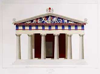 Reconstruction drawing of the facade of the Temple of Aphaia, Aegina, Greece, including its pediment, unknown temple architect or illustrator, c.500 BC