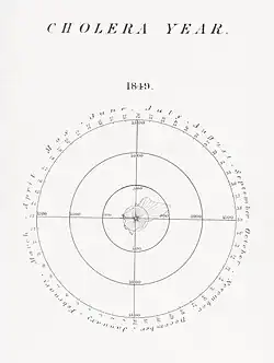 Chart displaying mortality week-by-week over the course of the year 1849, with a peak in late August and early September.