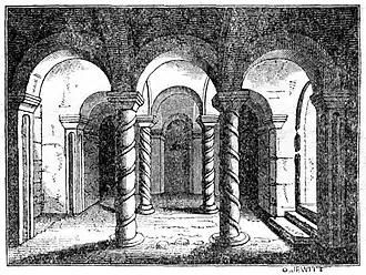 A 19th-century engraving of the crypt at Repton where Æthelbald was interred.