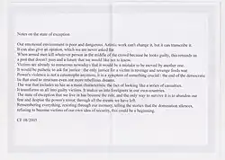 Requiem for Jean Charles de Menezes : Notes on the state of Exception/ Notes sur l'état d'exception, 2005. Text pile/window announcement with statement: A5 double-sided photocopies, no copyright.