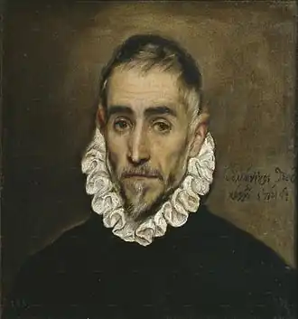 Portrait of an elderly bearded man in dark clothing with white ruff collar against a dark background