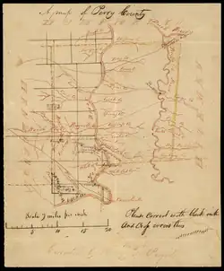 A hand drawn map of Perry County from 1842 depicting the county's streams, roads, and the settlements of Beardstown and Perryville.