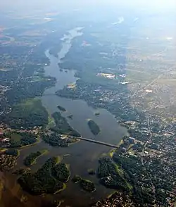 Aerial view of Mille Îles River with the Pont Marius-Dufresne in the foreground.