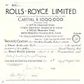 Certificate of the Rolls-Royce Limited for £23 of the Ordinary Stock, issued 8 August 1934. The stock certificate comes from the capital increase in November 1918 from £200,000 to £1,000,000. By far the oldest known British Rolls-Royce stock certificate.
