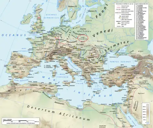 The Roman empire under Hadrian (ruled 117-138 AD), showing the location of the Lugii (Vandilii) tribes between the Viadua (Oder) and Vistula rivers (marked with a red circle)