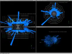 Computer-generated event display of protons hitting a tungsten block just upstream of CMS on the first beam day, September 2008