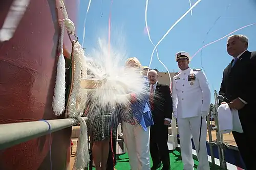 Sally Monsoor christens USS Michael Monsoor on 18 June 2016.