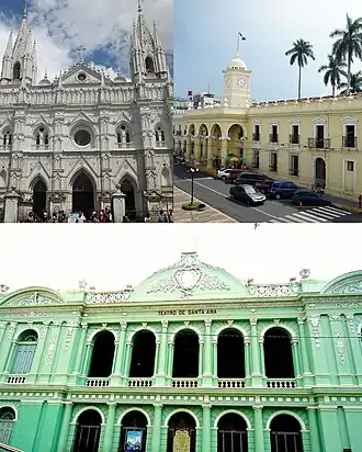 From top, left to right: Cathedral Nuestra Señora de Santa Ana, Municipal Palace, National Theater of Santa Ana