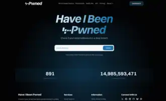 The homepage of haveibeenpwned.com. The website features white text on a black background. Prominently centered is the site's logo in a white and blue gradient. Below the logo is a search box labeled "email address" with a button beside it labeled "Check". Below the search box is a series of statistics about the size of the website's database.