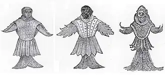 #1 ( 1546), Three further 16th century depictions of the "sea monk of the Øresund", possibly a giant squid or an angelshark (Squatina squatina), from the works of (left to right): Stefan Hamer (1546:, fig.), Conrad Lycosthenes (1557:609, fig.), and Johannes Sluperius (1572:105, fig.), as collected in Paxton & Holland (2005:41, fig. 1).