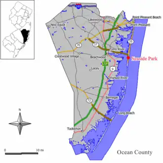 Map of Seaside Park in Ocean County. Inset: Location of Ocean County highlighted in the State of New Jersey.