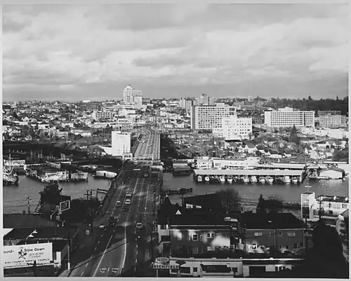 University Bridge and U District, Looking North from I-5 Ship Canal Bridge in 1963