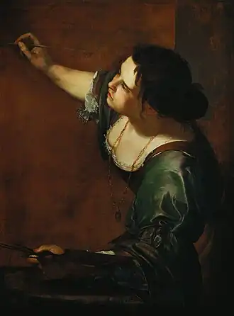 Artemisia Gentileschi, Self-Portrait as the Allegory of Painting, 1630s, Royal Collection. Note the pulled-up sleeve on the arm holding the brush.