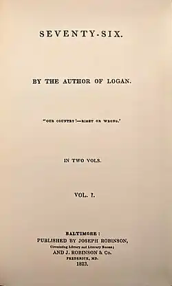 Black text on yellowed paper giving the title, author, and publication information for Seventy-Six