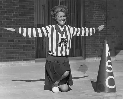 Cheerleader Sharon Terrill, fall of 1965; she moved to California and became Miss California in 1968.