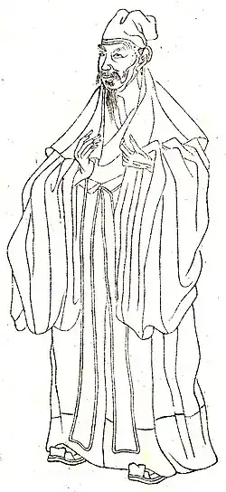 A line drawing of an older man with a thinning beard in thick robes and a soft, floppy cap.