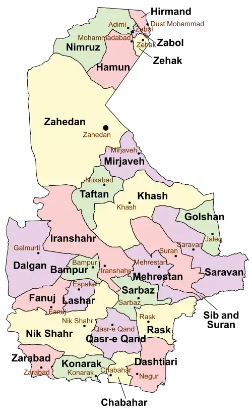 Location of Saravan County in Sistan and Baluchestan province (right, purple)