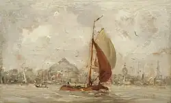 Hobbe Smith (1900): Tjalk under sail leaving the port of Amsterdam, private collection.