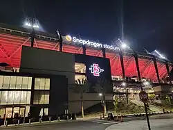 The stadium's façade at night