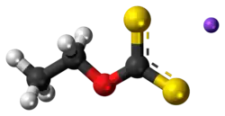 Ball-and-stick model of the component ions of sodium ethyl xanthate