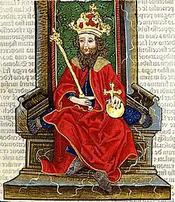 Chronica Hungarorum, Thuróczy chronicle, King Solomon of Hungary, throne, crown, orb, scepter, medieval, Hungarian chronicle, book, illustration, history