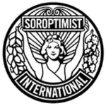 A circular, black and white logo with a style suggesting late Art Nouveau or early Art Deco. Soroptimist International describes it as follows: "The emblem consists of a circular disc on which the figure of a woman holds the banner 'Soroptimist' in uplifted arms, spreading sunrays from the background. [From] the banner on one side fall acorns and leaves of oak and on the other side, leaves of laurel. [The] word 'International' completes the outer circle."[1]