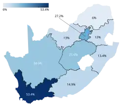 Map of percentages won by the Democratic Alliance