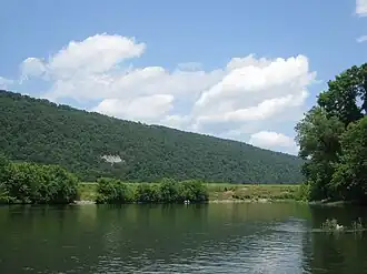 Wooded mountainside seen from a river