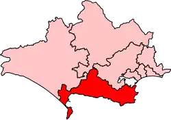 Map showing the location of the South Dorset constituency in Dorset under the boundaries created by the 2023 boundary review and first used at the 2024 general election.