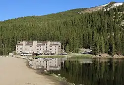 The Silver Lake Condos, with part of Silver Lake on the right, June 2021