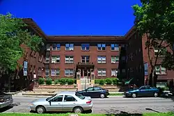Stevens Court, the oldest contributing building in the Stevens Square Historic District, built in 1913.