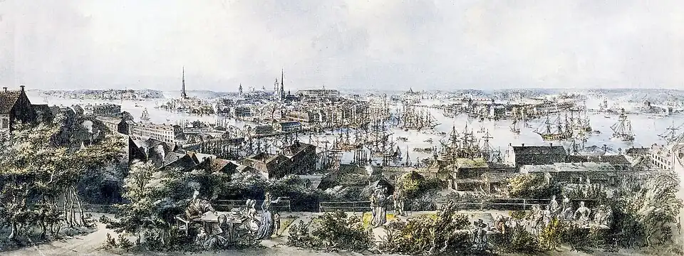 Detail of view of Stockholm from Mosebacke in Södermalm. This image was a watercoloured etching in the collection Utsigter över Stockholm (Prospects of Stockholm, 1797). An aquatint variant was published as the first sheet in the series Svenska vyer of 1805.