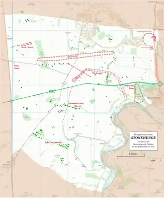 Map showing the Cursus within the Stonehenge section of the Stonehenge and Avebury World Heritage Site