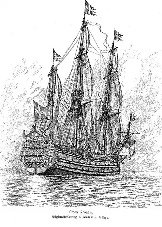 A black and white drawing of a large sailing warship seen from behind and to the right