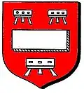 Gules, a fess humette between three trestles, argent