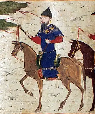 A cropped color painting which depicts a bearded Turkic man on horseback