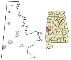 Location of Emelle in Sumter County, Alabama.