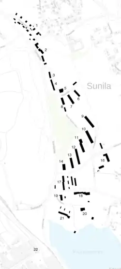 Map of Sunila, with Aalto-designed buildings indicated